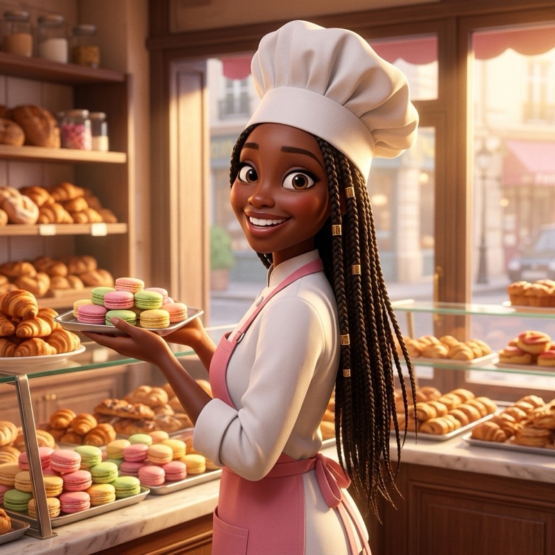 A woman's photo turned into a 3D animated pastry chef at a Paris bakery with the Pixarify preset on Nano Banana 2.1