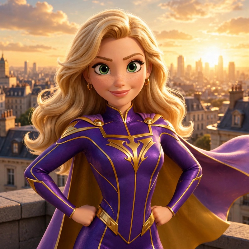 A woman's photo turned into a 3D animated superhero at sunset over the city with the Pixarify preset on Muse Image 1.0