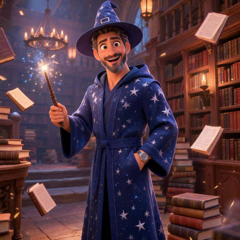 A man's photo turned into a 3D animated wizard at a floating library with the Pixarify preset on Seedream 5.0