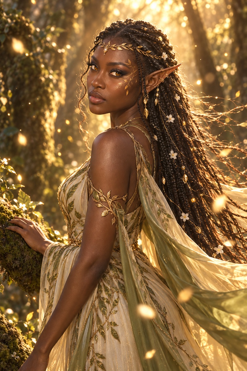 AI portrait of a woman as an elf in a golden forest
