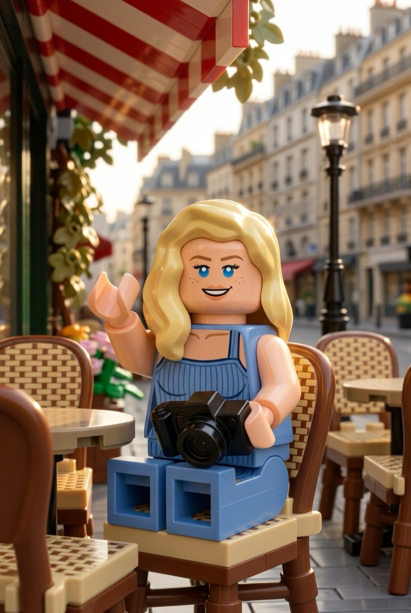 A blonde woman as a LEGO minifigure at a Paris café, made with the Legofy preset