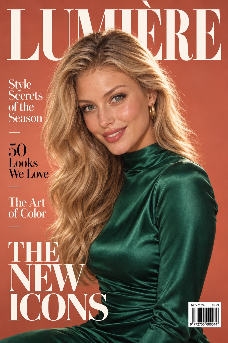 AI fashion magazine cover of a blonde woman in an emerald gown, made with the Magazinify preset