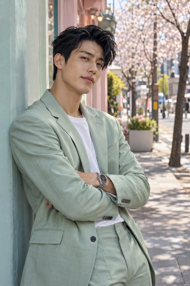 AI portrait of a man in a mint suit on a Seoul street
