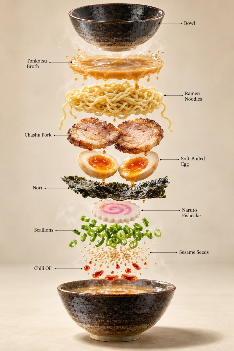 Exploded view of a bowl of ramen with its ingredients labeled, made with the Exploded Food Anatomy Infographic preset